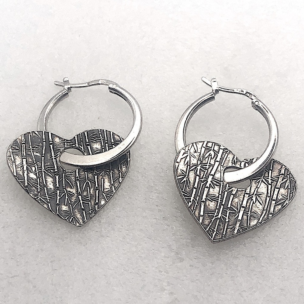 VTG Sterling Silver 2-Way Bamboo Pattern Heart Hoops Earrings 1” / 1.5”
